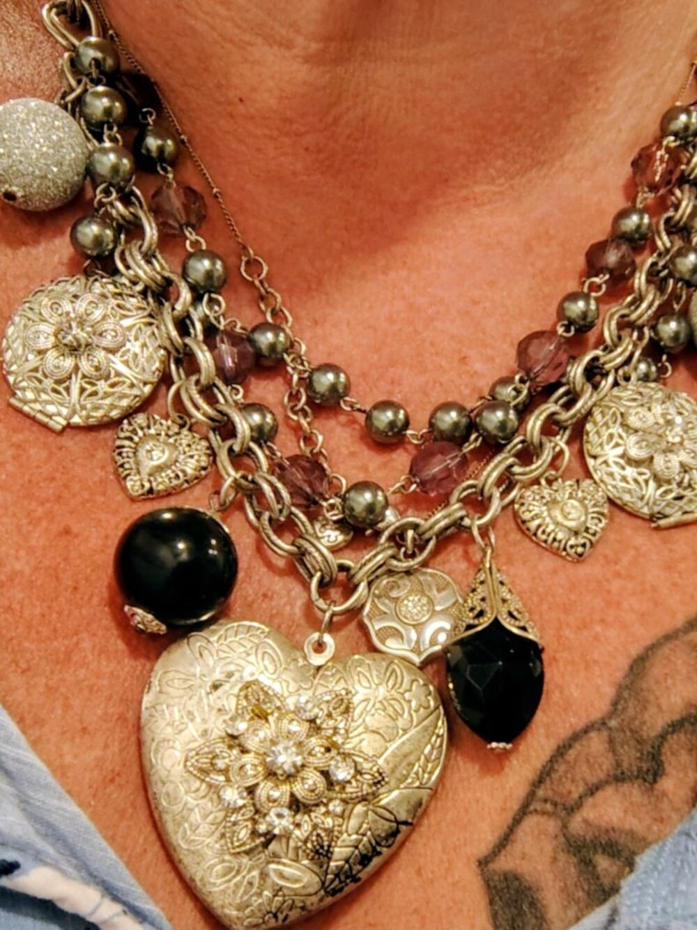 Boho Chic Vintage Style 3 Layer Silver Metal Bling Necklace Lockets - Picture 11 of 16
